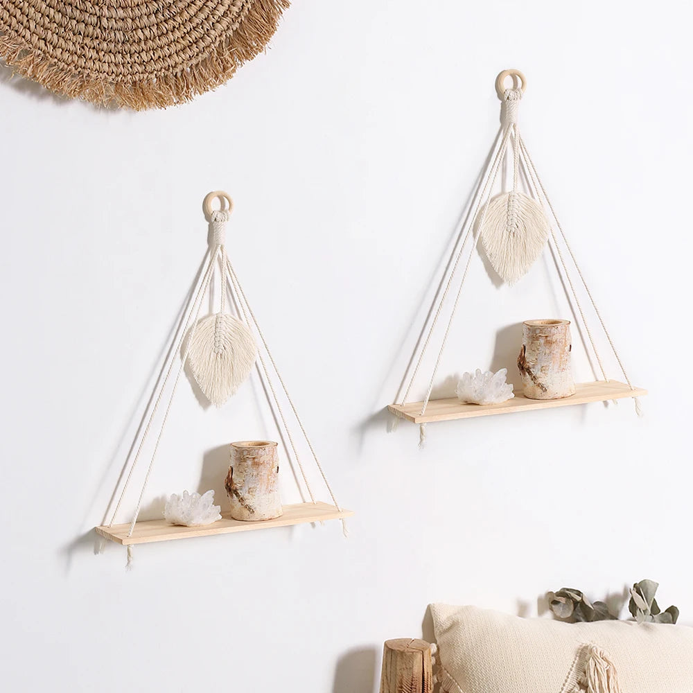 2 Pack Wall Shelves Macrame Wall Hanging Wooden Shelf Plant Storage Boho Home Decor Girls Living Room Decoration Holder Gift