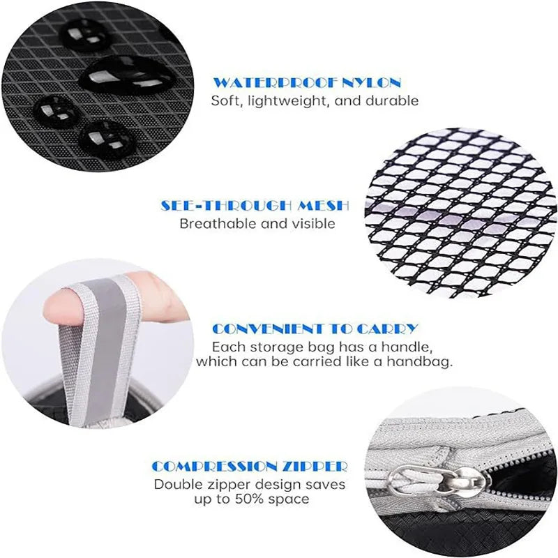 5PCS Travel Compressed Packing Cubes Storage Organizer Set with Shoe Bag Mesh Visual Luggage Portable Lightweight Suitcase Bag