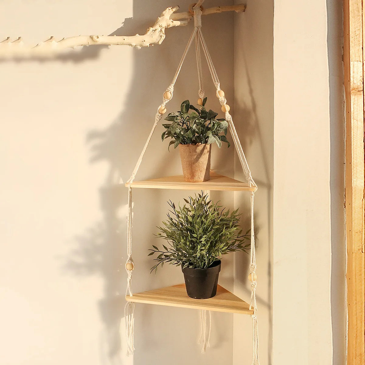 Wooden Wall Shelves Boho Floating Hanging Shelves Macrame Plant Hanger Rustic Farmhouse Wall Decor for Bedroom Room Bathroom