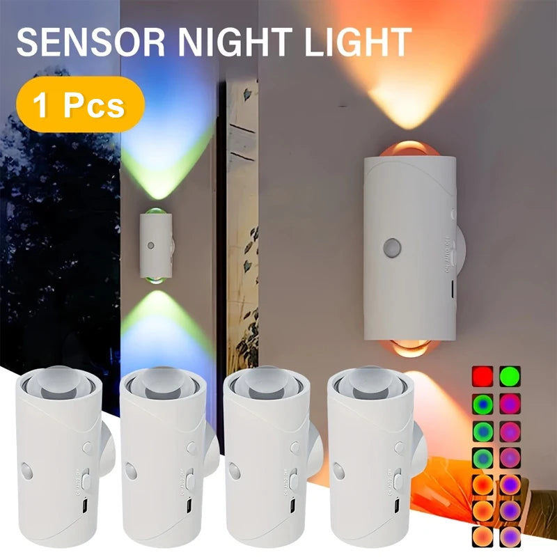 LED Night Light with Motion Sensor RGB Gradient Ambient Wall Lamp Rechargeable Dimmable Magnetic Ladder Light for Bedside Closet