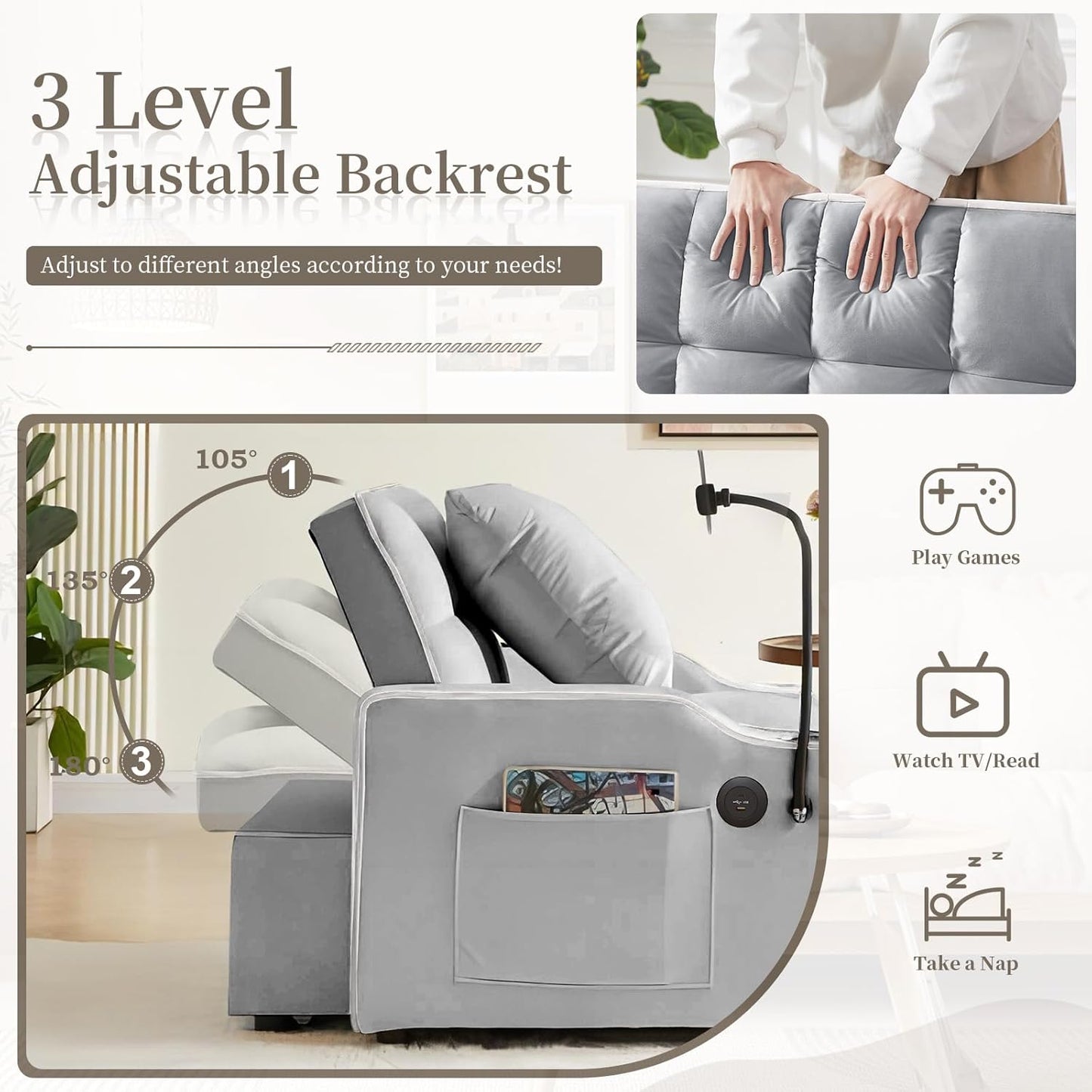 Convertible Velvet Futon Sleeper Chair Bed with Phone Holder and USB Ports, Adjustable Recliner Armchair for Living Room and Office, Ideal for Small Spaces (Grey)