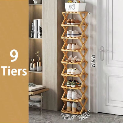 2-9 Tiers Bamboo Shoe Rack without Installation Small Shoe Rack, Foldable Shoe Storage Rack, Shoe Organizer for Entryway