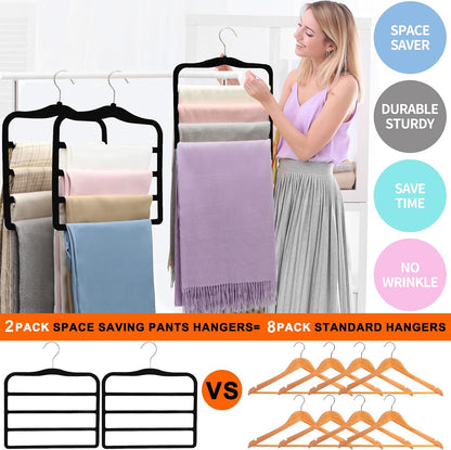 2-Pack Velvet Pants Hangers - Space Saving Multi-Layer Non-Slip Closet Organizers for Jeans, Trousers & Scarves - Ideal Dorm Room Storage Solution for Small Spaces