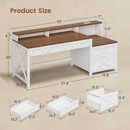 Farmhouse Desk with File Drawer & Printer Cabinet, White Brown
