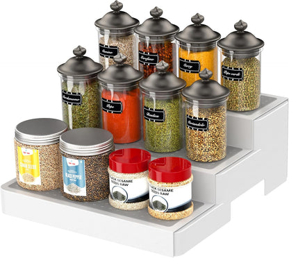 Expandable Spice Rack Organizer for Cabinet (2 Pack), 3-Tier Tiered Spice Shelf Organizer with Non-Skid Surface, Spice Riser, Adjustable Pantry Organizer for Spices, Cans & Medicine Cabinet