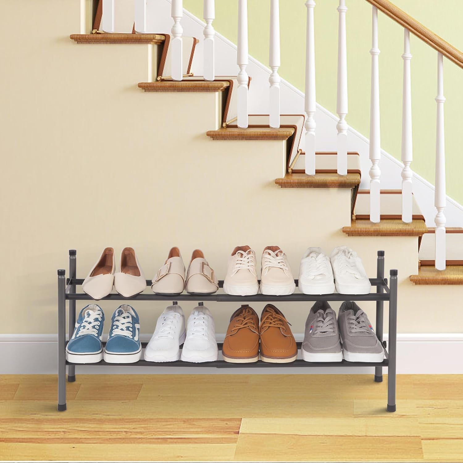 Expandable 2-Tier Shoe Rack, Adjustable Metal Organizer for 8 Pairs of Shoes, Stackable Design for Entryway, Hallway, and Garage, Black
