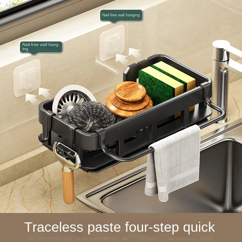 Towel Rack with Dish Drying Rack, Kitchen Storage, Wall-Mounted, No Drilling, Household Sink Sponge Holder, Water Basin