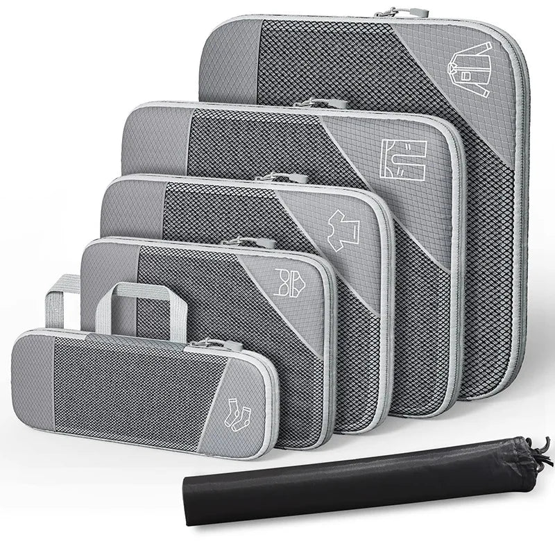 6PCS Travel Compressed Packing Cubes Storage Organizer Set with Shoe Bag Mesh Visual Luggage Portable Lightweight Suitcase Bag