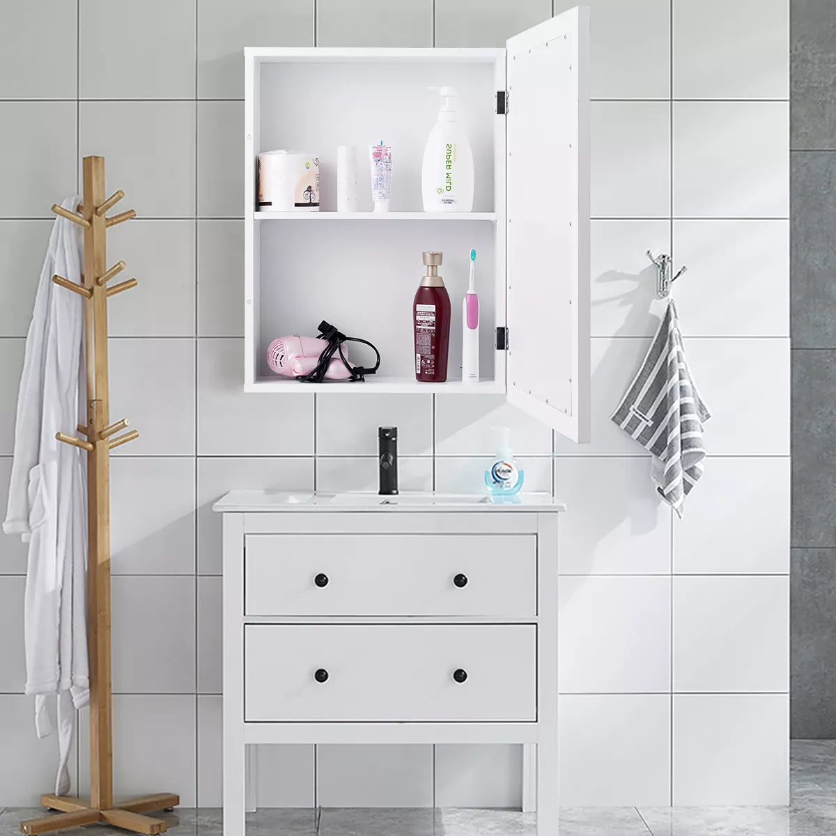 Costway room Mirror Cabinet Wall Mounted Kitchen Medicine Storage Adjustable Shelf