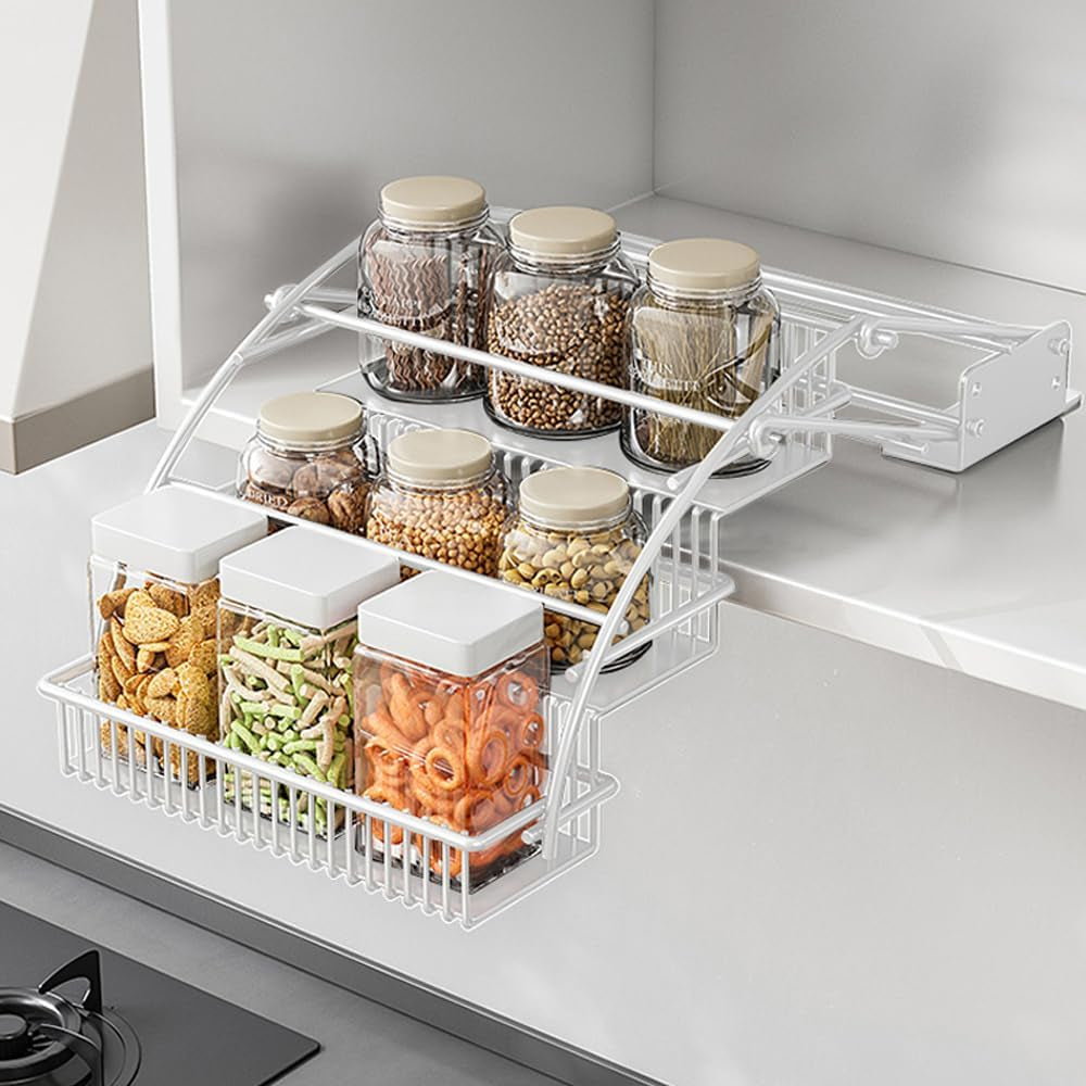 3-Tier Pull down Spice Rack Organizer for inside Cabinet Expandable Display Riser Shelf Seasoning Shelf (10.8In/White)