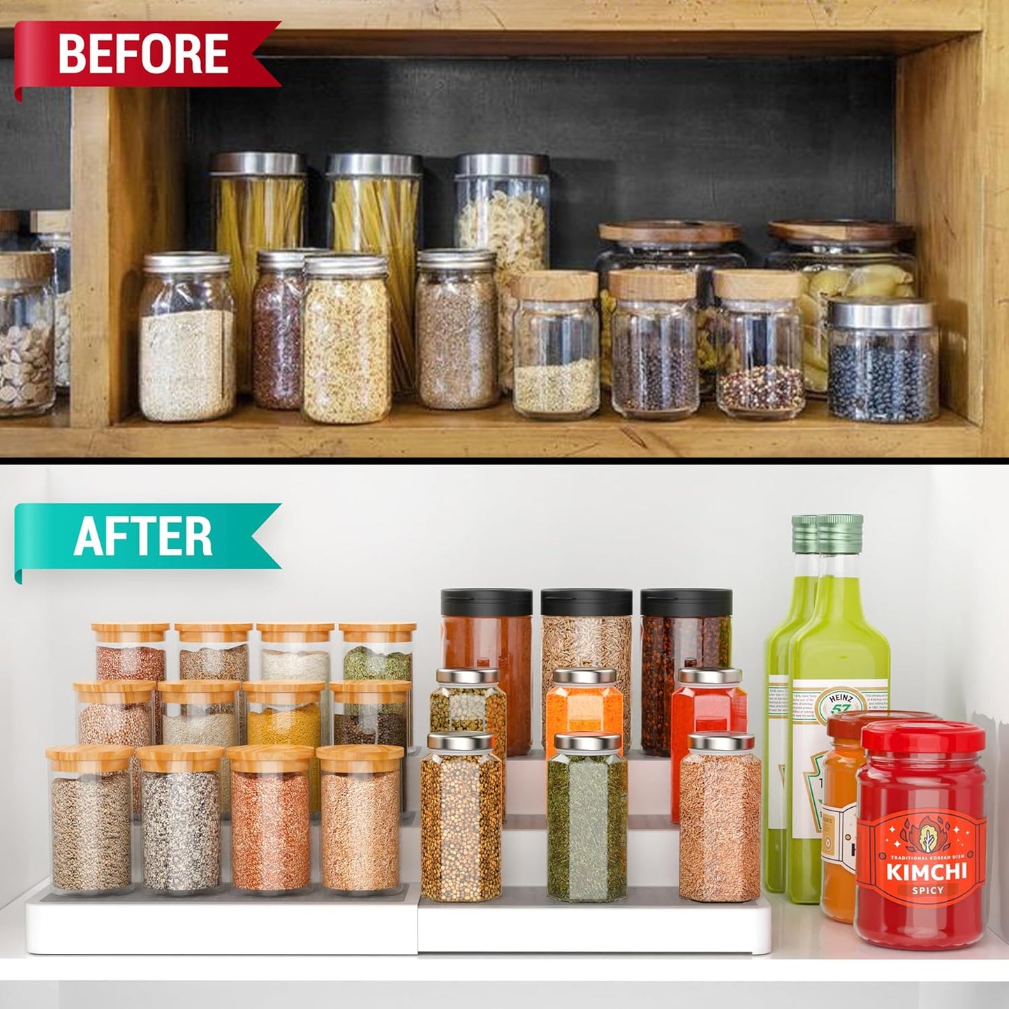 Expandable Spice Rack Organizer for Cabinet (2 Pack), 3-Tier Tiered Spice Shelf Organizer with Non-Skid Surface, Spice Riser, Adjustable Pantry Organizer for Spices, Cans & Medicine Cabinet