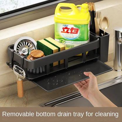 Towel Rack with Dish Drying Rack, Kitchen Storage, Wall-Mounted, No Drilling, Household Sink Sponge Holder, Water Basin