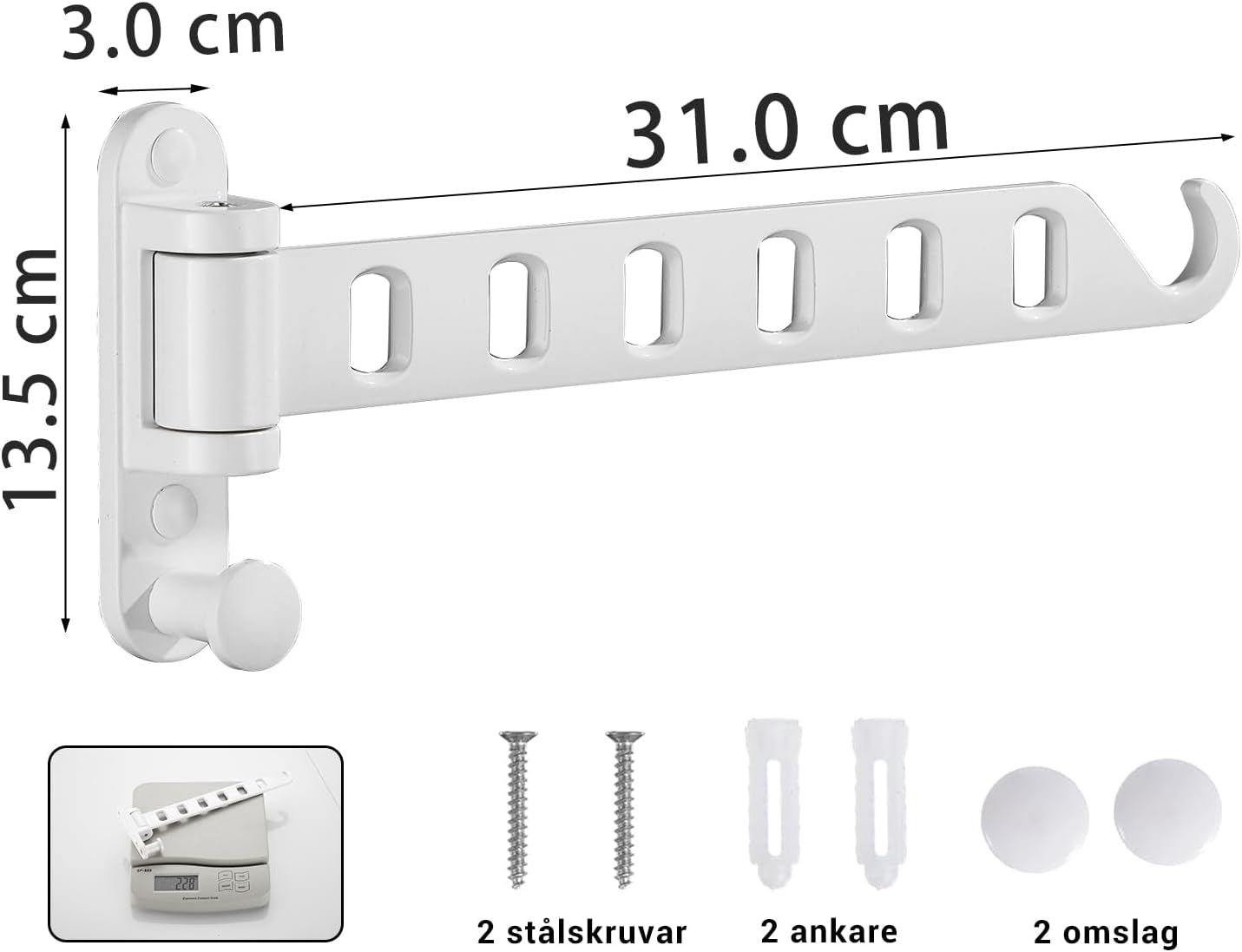 Clothes Drying Rack Wall Mounted, 13-Inch Foldable Arm, White 1 Pack