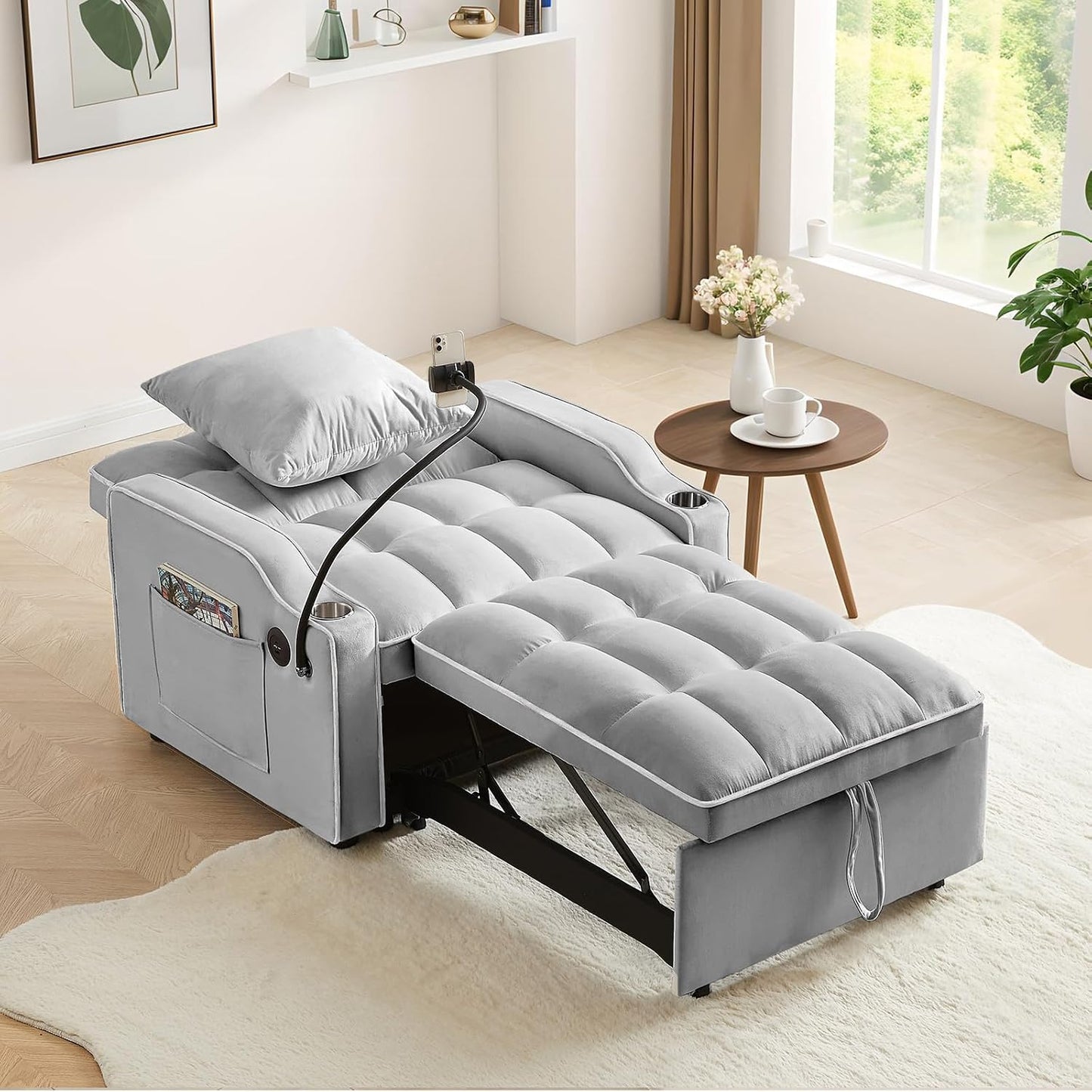 Convertible Velvet Futon Sleeper Chair Bed with Phone Holder and USB Ports, Adjustable Recliner Armchair for Living Room and Office, Ideal for Small Spaces (Grey)