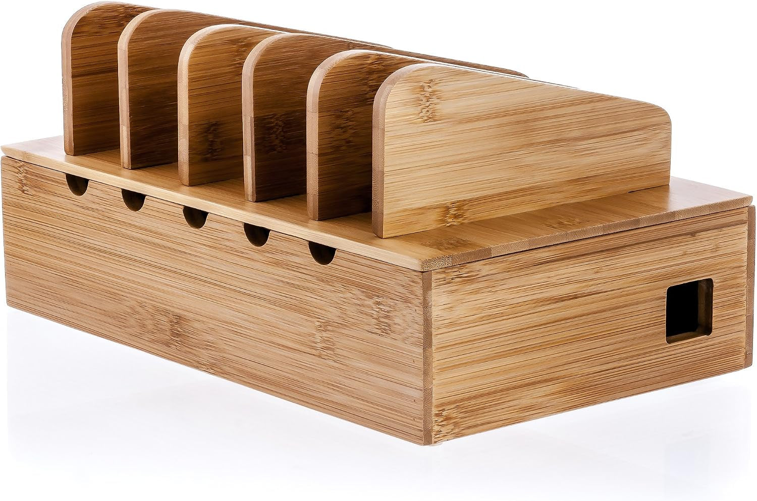 Wooden Charging Station Organizer - 5-Port Base for Phones, Tablets and Laptops - Multi-Device Docking Station with Removable Divider Slots - Cord Box with Cable Management - Bamboo