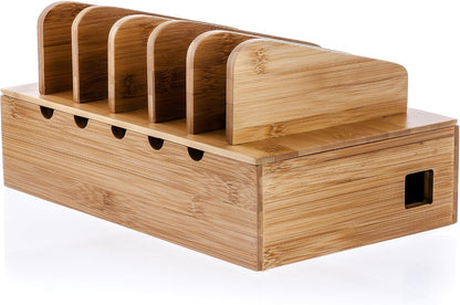 Wooden Charging Station Organizer - 5-Port Base for Phones, Tablets and Laptops - Multi-Device Docking Station with Removable Divider Slots - Cord Box with Cable Management - Bamboo