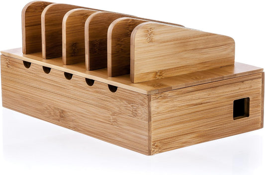 Wooden Charging Station Organizer - 5-Port Base for Phones, Tablets and Laptops - Multi-Device Docking Station with Removable Divider Slots - Cord Box with Cable Management - Bamboo