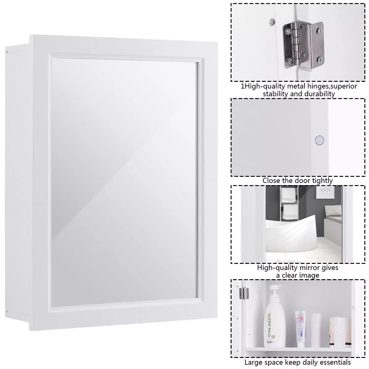 Costway room Mirror Cabinet Wall Mounted Kitchen Medicine Storage Adjustable Shelf