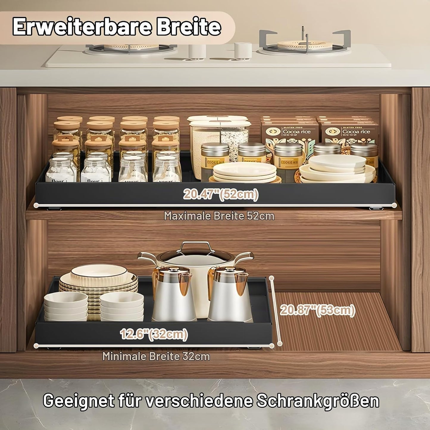 Teleskopschublade Zum Kleben, (53 CM Tiefe) Ausziehbare Schublade Küche, Küchenschubladen Organizer Mit 3-Schienen-System, Slide Out Drawer Kein Bohren Und Nageln Erforderlich, Schwarz, 2 Stück