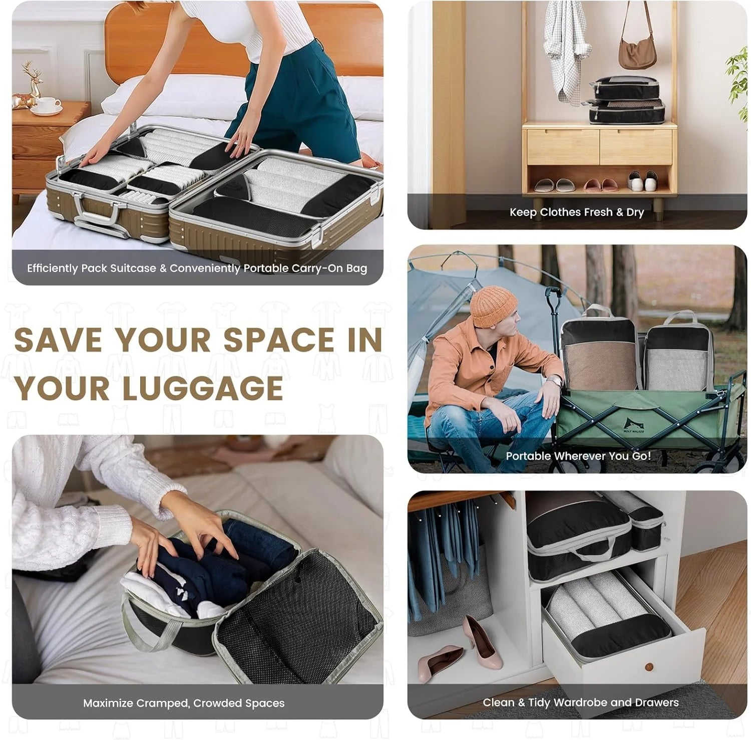 6PCS Travel Compressed Packing Cubes Storage Organizer Set with Shoe Bag Mesh Visual Luggage Portable Lightweight Suitcase Bag