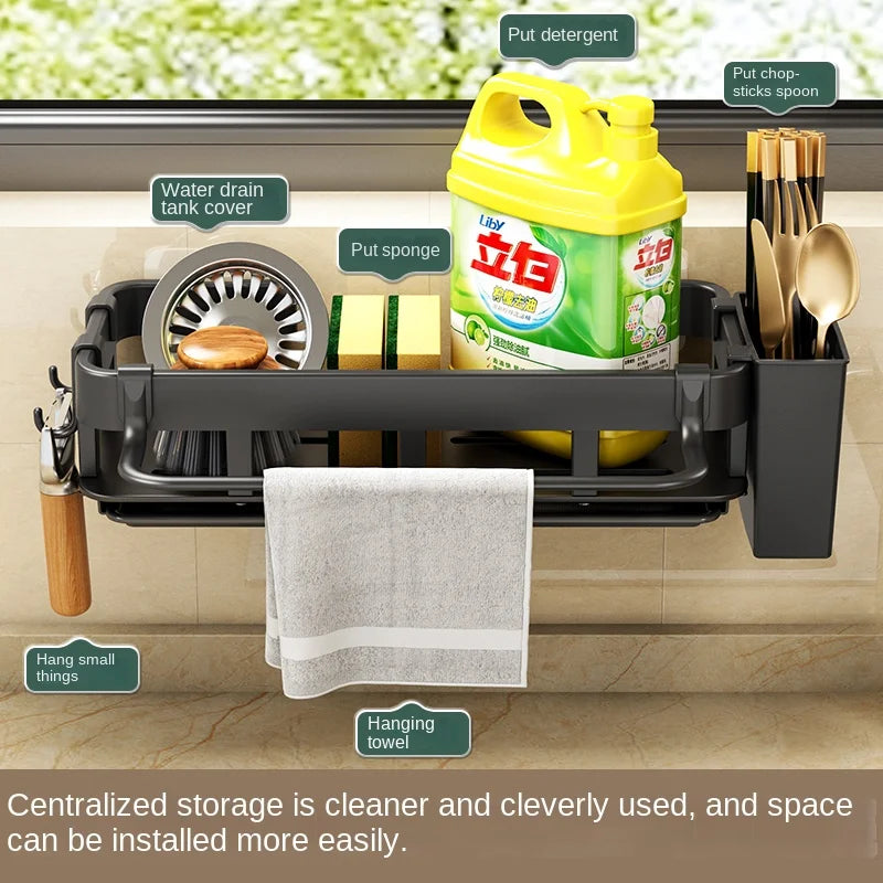 Towel Rack with Dish Drying Rack, Kitchen Storage, Wall-Mounted, No Drilling, Household Sink Sponge Holder, Water Basin