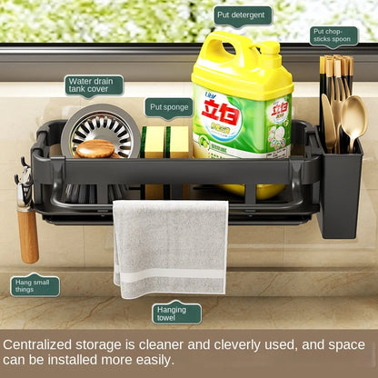 Towel Rack with Dish Drying Rack, Kitchen Storage, Wall-Mounted, No Drilling, Household Sink Sponge Holder, Water Basin