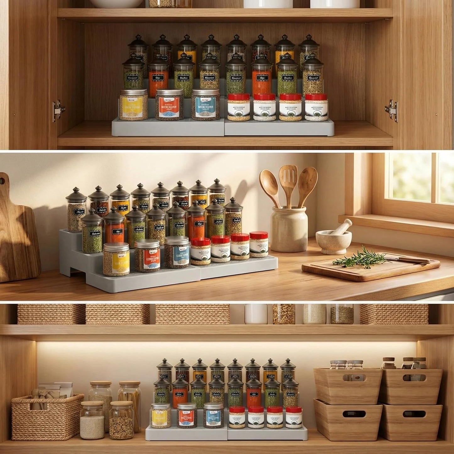 Expandable Spice Rack Organizer for Cabinet (2 Pack), 3-Tier Tiered Spice Shelf Organizer with Non-Skid Surface, Spice Riser, Adjustable Pantry Organizer for Spices, Cans & Medicine Cabinet