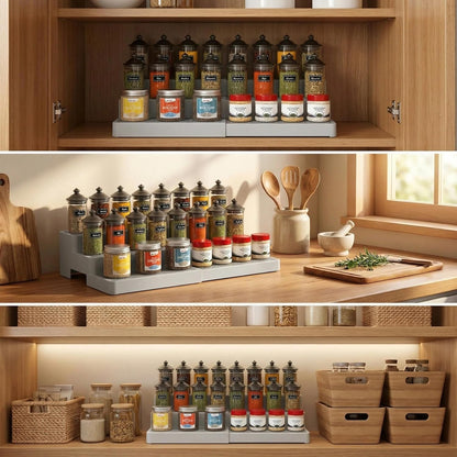 Expandable Spice Rack Organizer for Cabinet (2 Pack), 3-Tier Tiered Spice Shelf Organizer with Non-Skid Surface, Spice Riser, Adjustable Pantry Organizer for Spices, Cans & Medicine Cabinet
