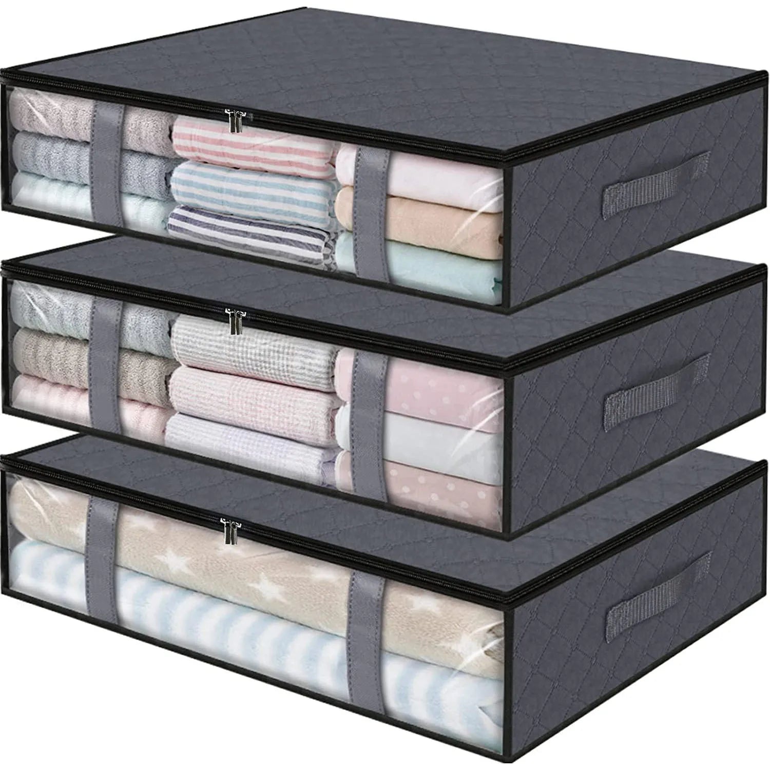 3 Pack under Bed Storage Container Organizer Large Capacity under Bed Clothes Storage Box Foldable Storage Bag with Clear Window