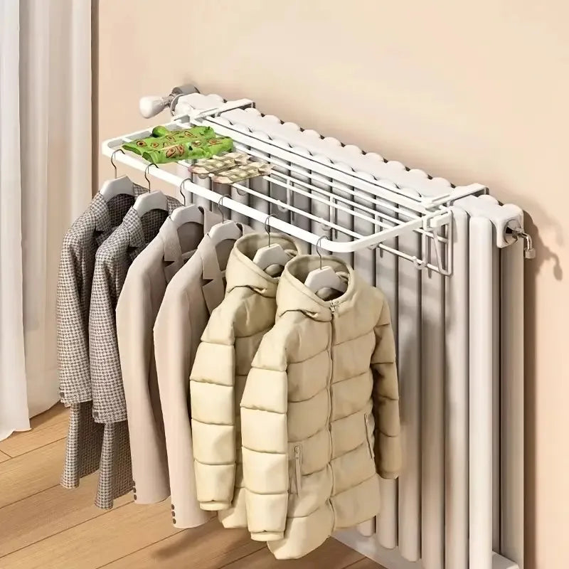Heavy-Duty Wall-Mounted Radiator Rack - Pull-Out Clothes Drying Shelves & Rods | Space-Saving for Winter Garments (Black/White)