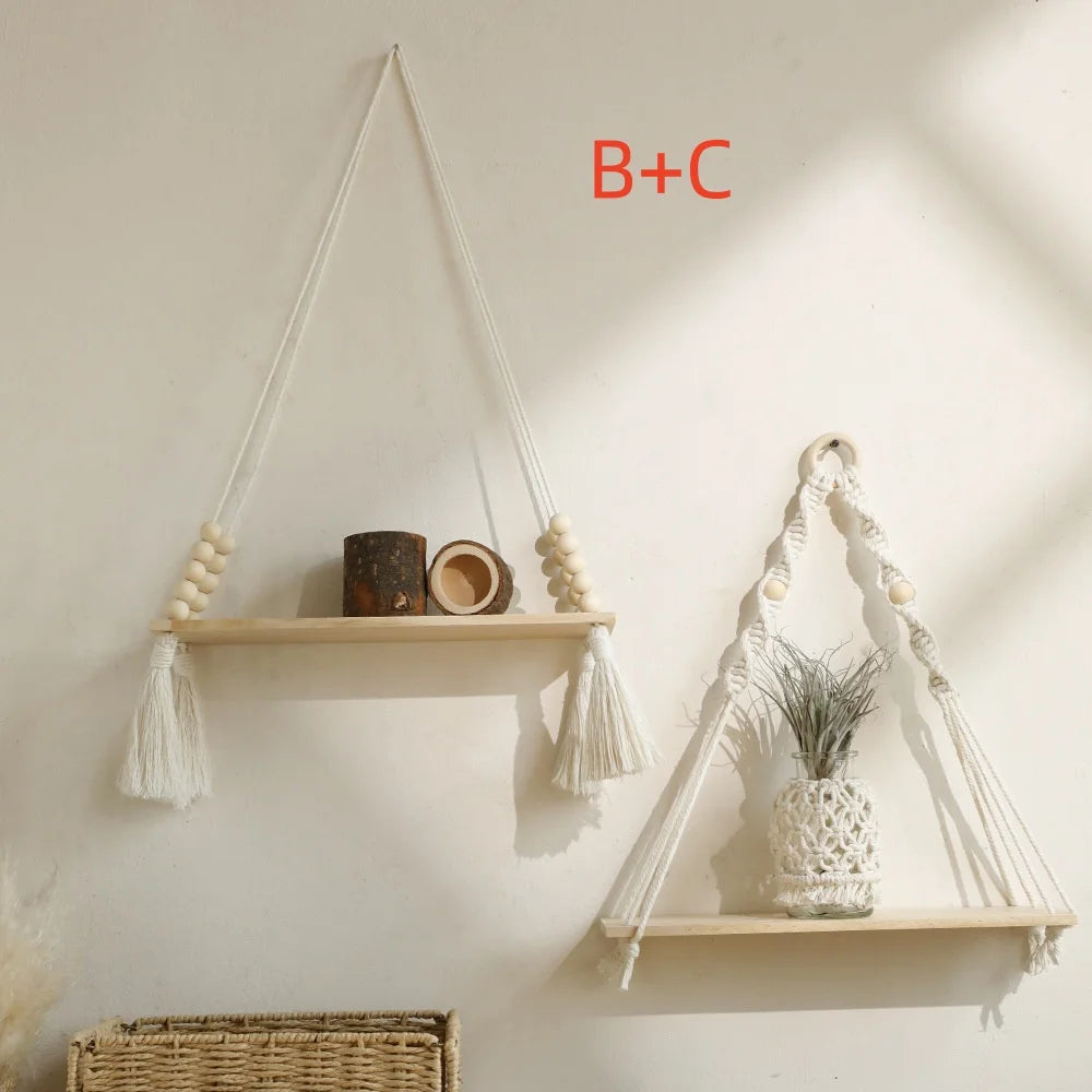 Wooden Wall Shelves Boho Floating Hanging Shelves Macrame Plant Hanger Rustic Farmhouse Wall Decor for Bedroom Room Bathroom