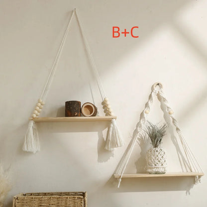 Wooden Wall Shelves Boho Floating Hanging Shelves Macrame Plant Hanger Rustic Farmhouse Wall Decor for Bedroom Room Bathroom