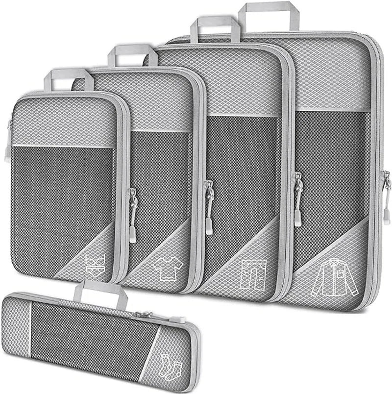 5PCS Travel Compressed Packing Cubes Storage Organizer Set with Shoe Bag Mesh Visual Luggage Portable Lightweight Suitcase Bag