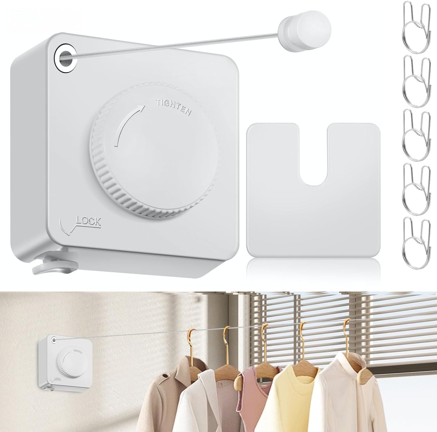 Retractable Clothesline Indoor, Non-Sagging Clothes Line Retracting Outdoors,15.6Ft Heavy Duty Clothes Drying Laundry Line, Wall Mounted Clothesline (White)