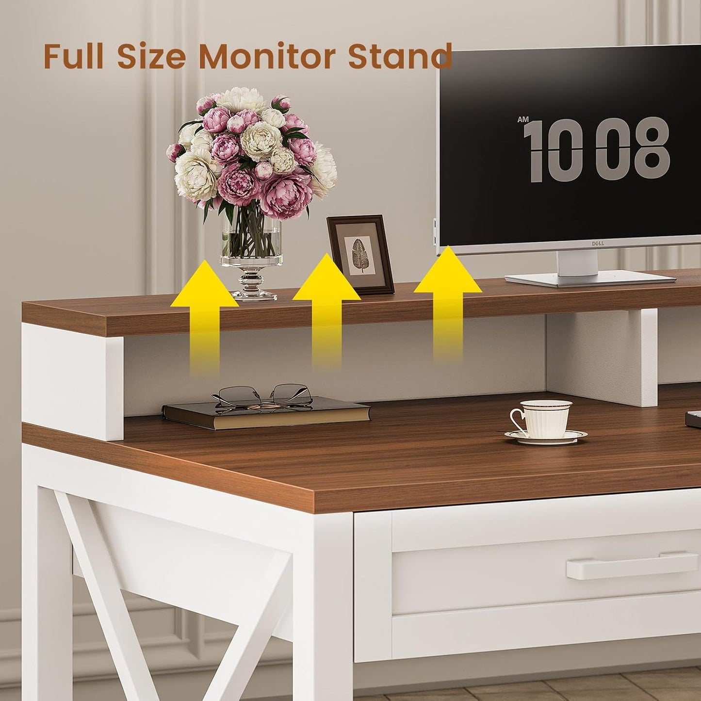 Farmhouse Desk with File Drawer & Printer Cabinet, White Brown