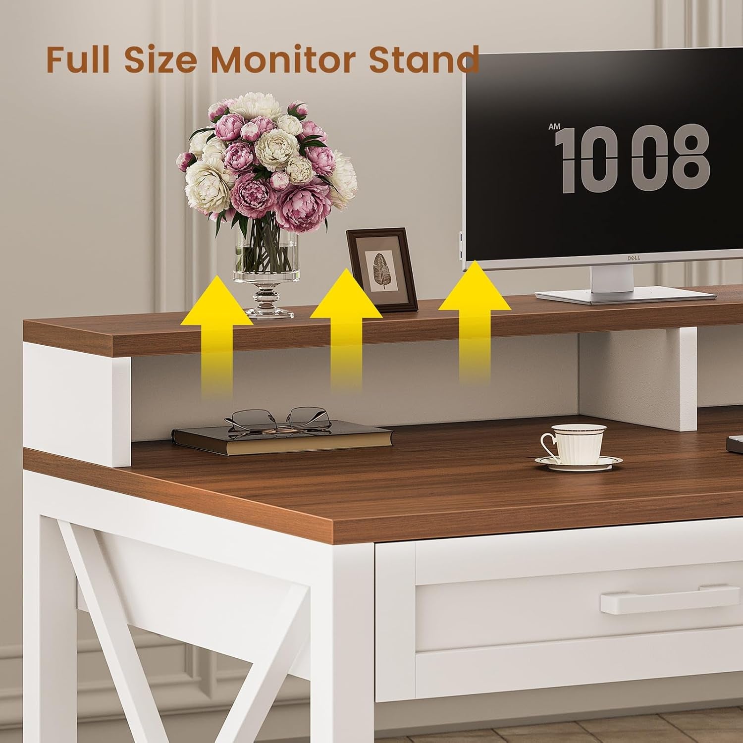 Farmhouse Desk with File Drawer & Printer Cabinet, White Brown