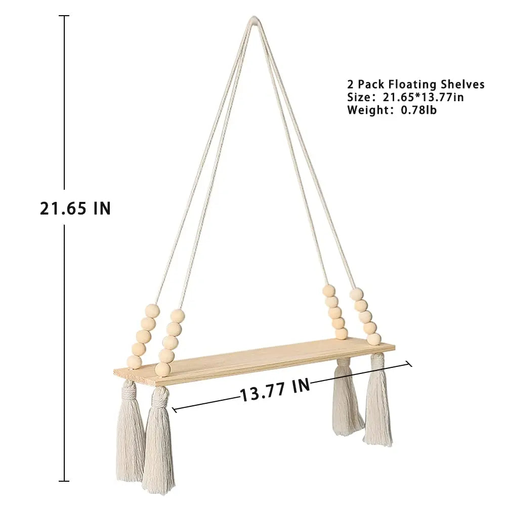 2 Pack Wall Shelves Macrame Wall Hanging Wooden Shelf Plant Storage Boho Home Decor Girls Living Room Decoration Holder Gift