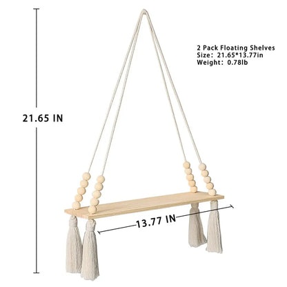 2 Pack Wall Shelves Macrame Wall Hanging Wooden Shelf Plant Storage Boho Home Decor Girls Living Room Decoration Holder Gift