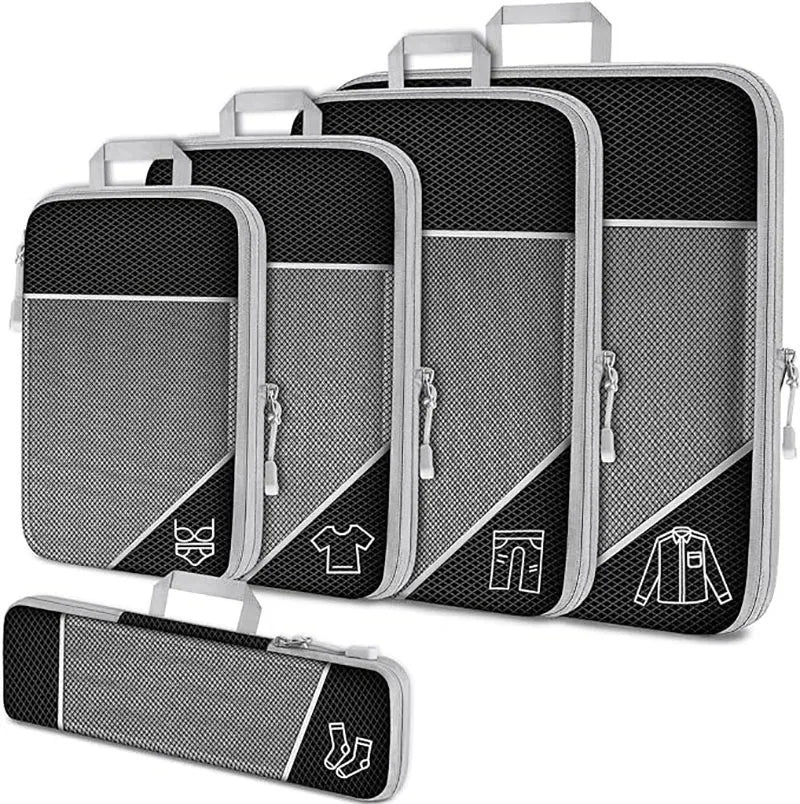 5PCS Travel Compressed Packing Cubes Storage Organizer Set with Shoe Bag Mesh Visual Luggage Portable Lightweight Suitcase Bag