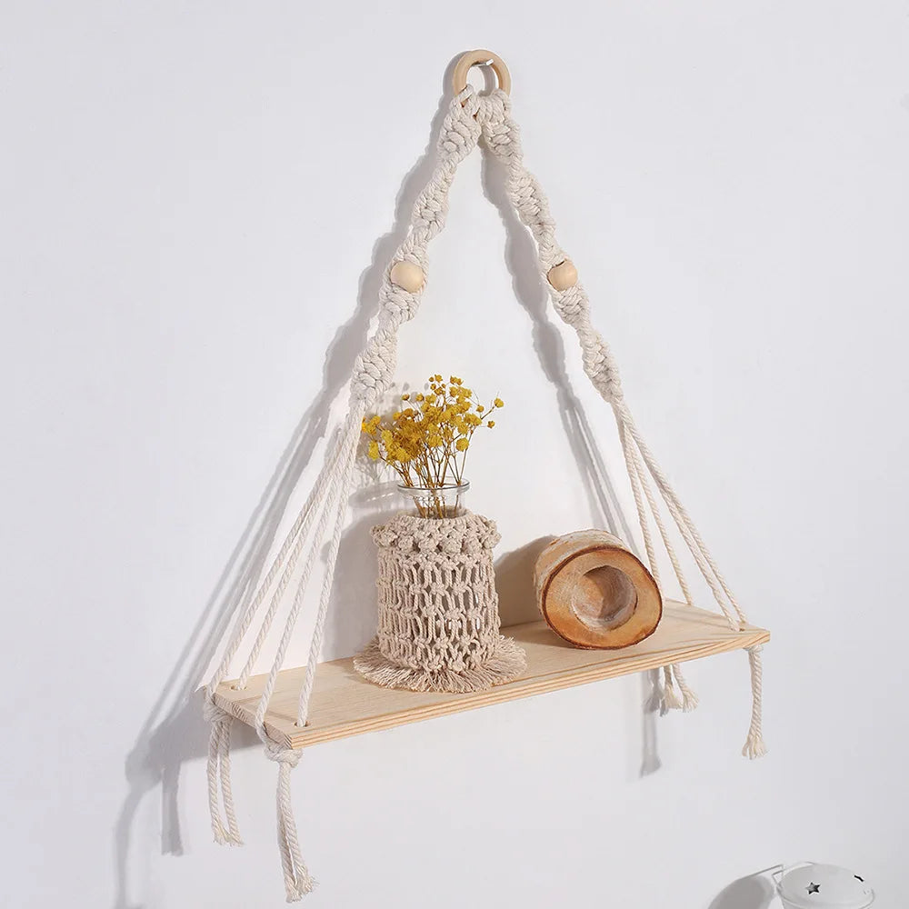Wooden Wall Shelves Boho Floating Hanging Shelves Macrame Plant Hanger Rustic Farmhouse Wall Decor for Bedroom Room Bathroom