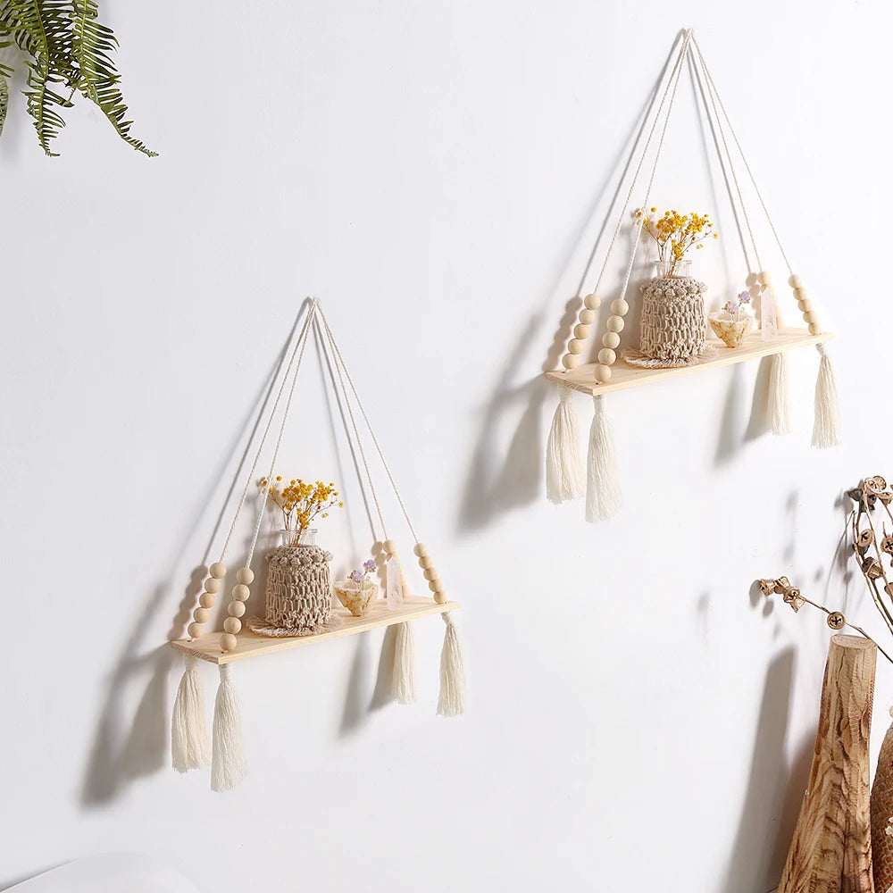 2 Pack Wall Shelves Macrame Wall Hanging Wooden Shelf Plant Storage Boho Home Decor Girls Living Room Decoration Holder Gift