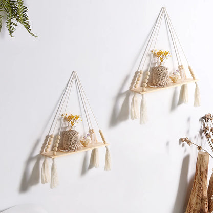2 Pack Wall Shelves Macrame Wall Hanging Wooden Shelf Plant Storage Boho Home Decor Girls Living Room Decoration Holder Gift