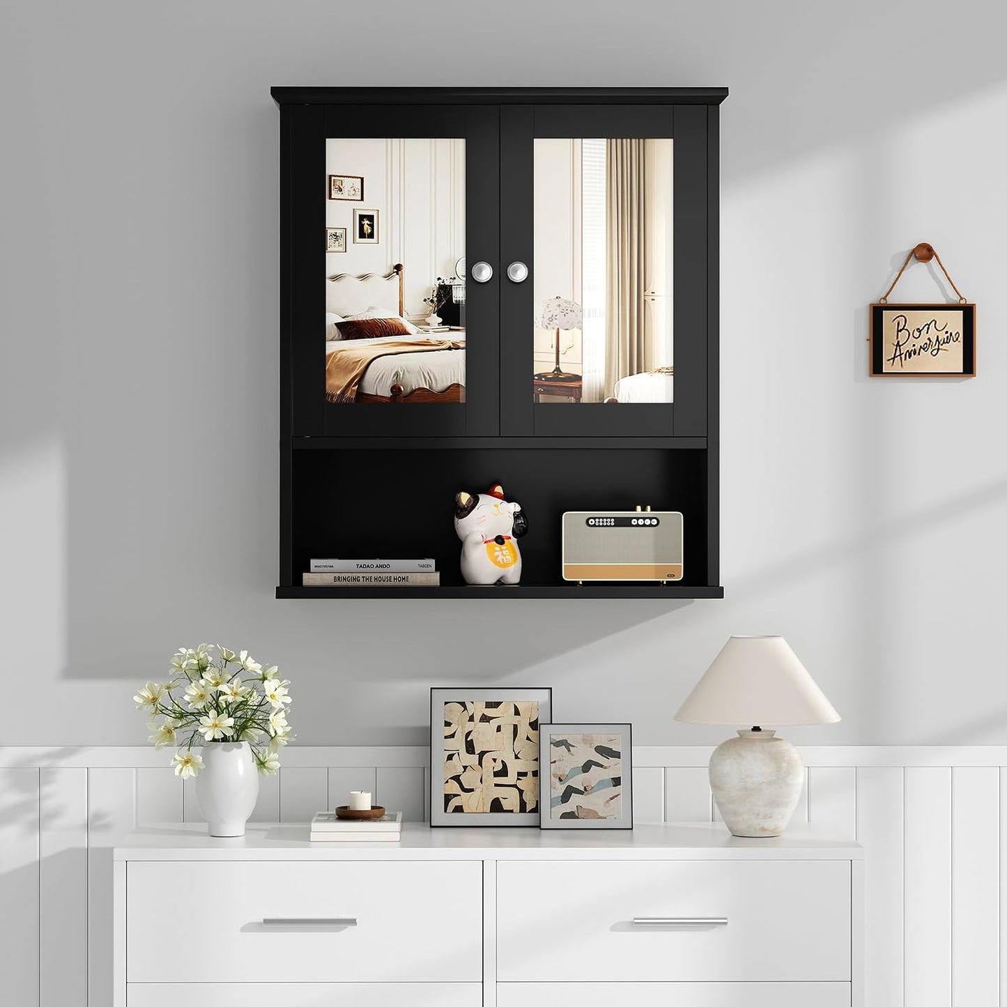 Bathroom Medicine Cabinet with Mirror, Wall Mounted, Black
