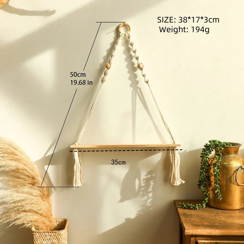 Wooden Wall Shelves Boho Floating Hanging Shelves Macrame Plant Hanger Rustic Farmhouse Wall Decor for Bedroom Room Bathroom