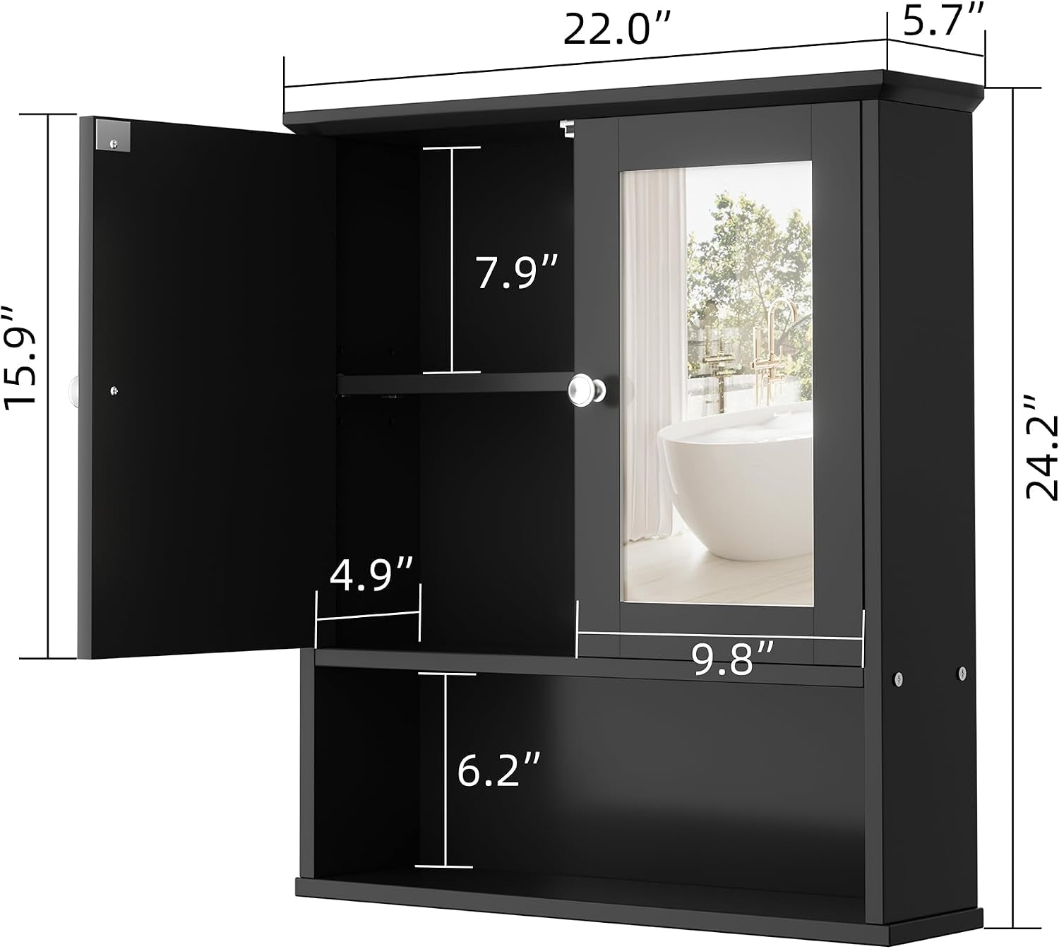 Bathroom Medicine Cabinet with Mirror, Wall Mounted, Black