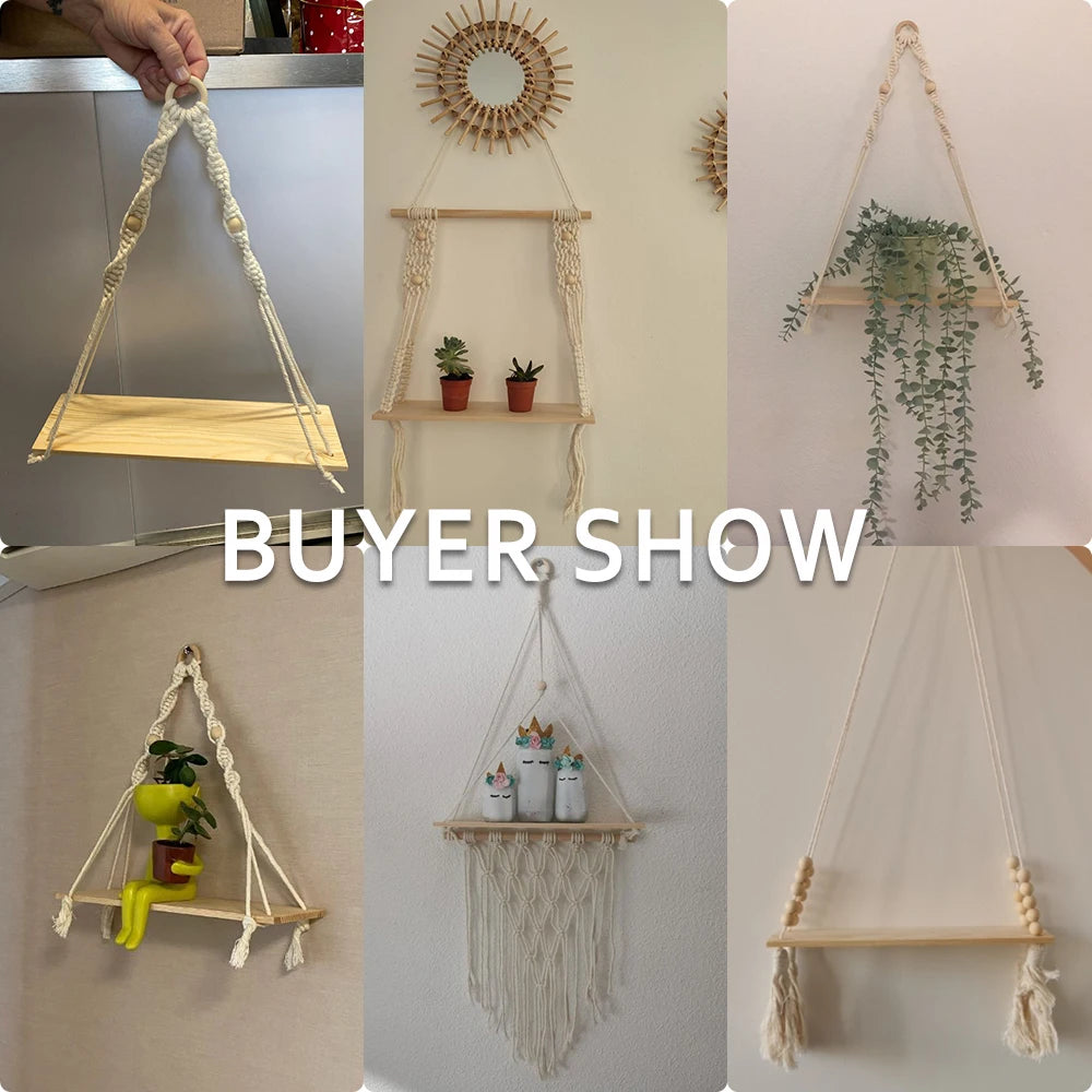 2 Pack Wall Shelves Macrame Wall Hanging Wooden Shelf Plant Storage Boho Home Decor Girls Living Room Decoration Holder Gift