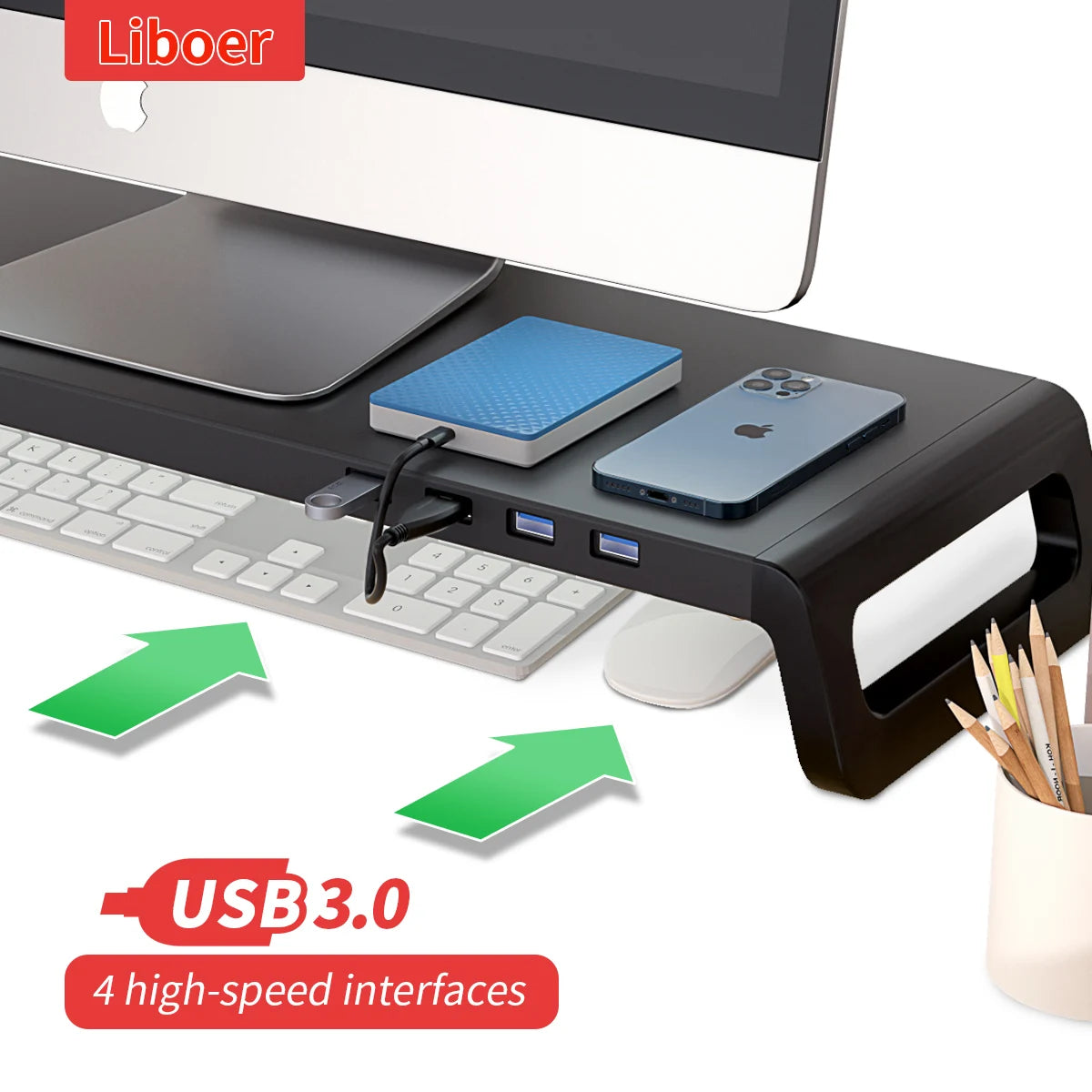 Monitor Stand Desk Monitor Stand Riser with USB 3.0 Hub Lightweight Sturdy Aluminium ABS Material Monitor Desk Shelf