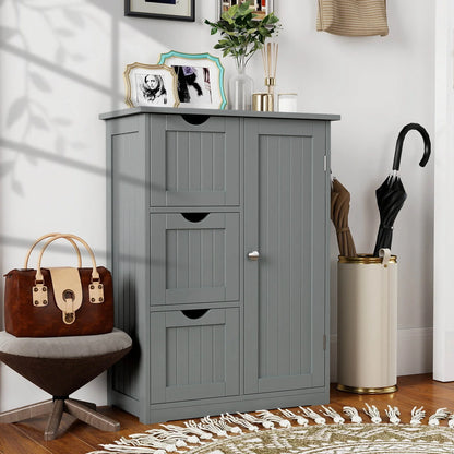 Grey Bathroom Floor Cabinet with Three Drawers and One Cupboard for Side Storage