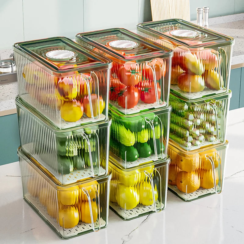 Stackable Refrigerator Storage Box with Lid & Handle - PET Food Container Organizer for Bread Vegetables Fruits Kitchen Home Use