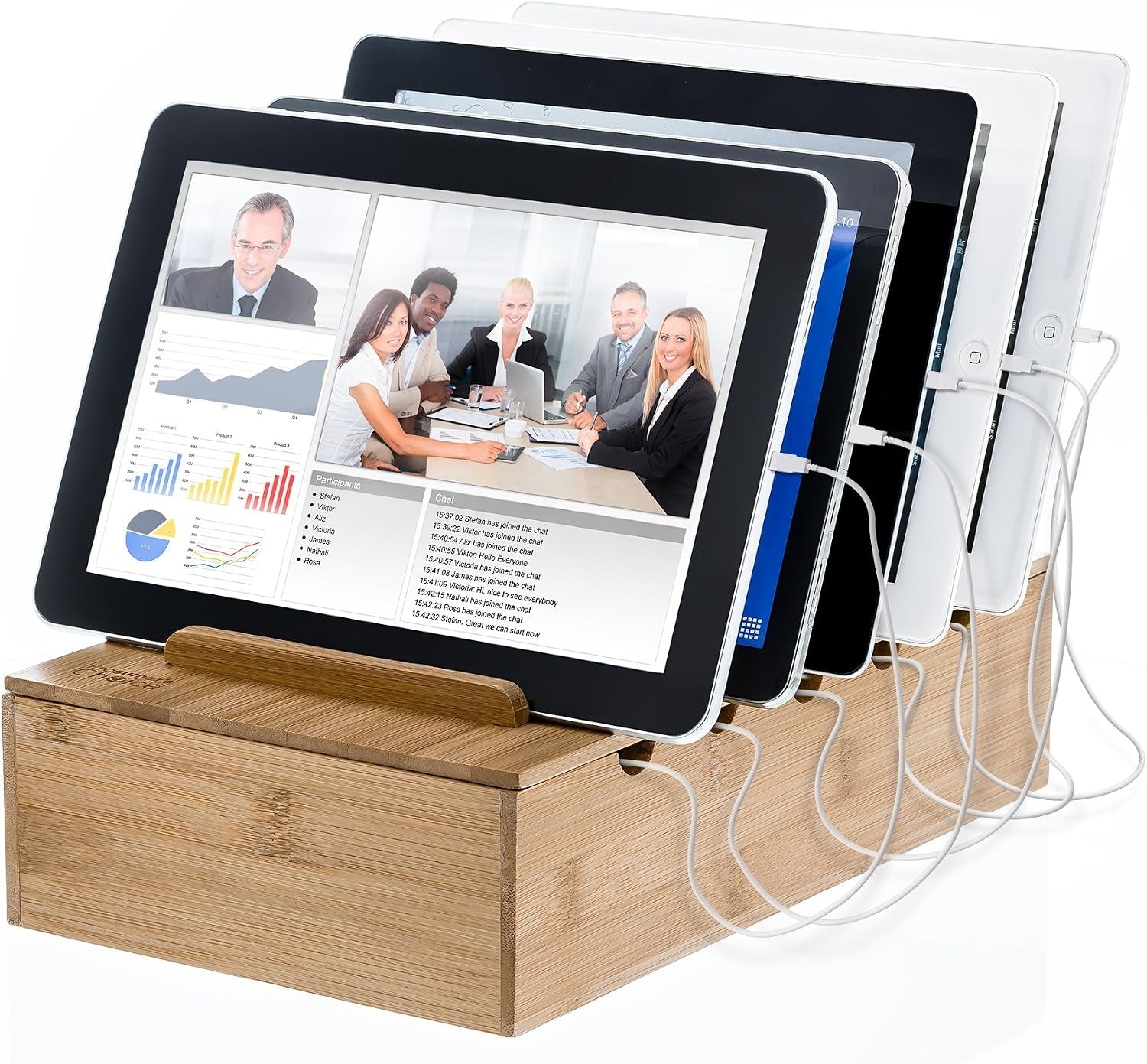Wooden Charging Station Organizer - 5-Port Base for Phones, Tablets and Laptops - Multi-Device Docking Station with Removable Divider Slots - Cord Box with Cable Management - Bamboo